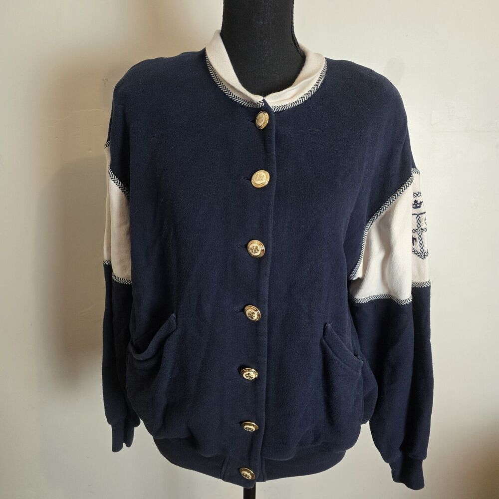 Vintage St. John Sport Cardigan Medium Navy Blue Nautical Gold Buttons Crest